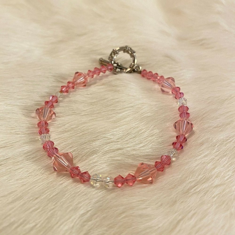 Fairy Pink Clear Glass Bead Bracelet Silver Tone Coquette Whimsy Boho 6646 - Picture 5 of 9